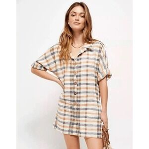 Free People Women's Felicity Plaid Button Front Roll Tab Sleeve Romper Size XL